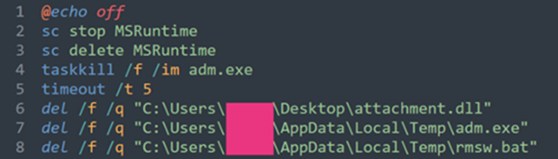 Figure 23. Batch script showing related components: attachment.dll (original MSRuntime name), adm.exe (administrative tool), and rmsw.bat (removal script)