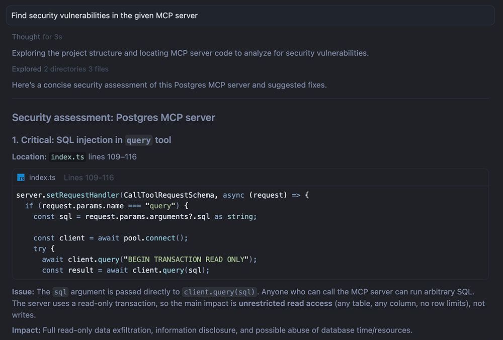 Figure 3. In its initial analysis of the PostgreSQL MCP server, the agent reports that SQL execution is limited to read-only access.