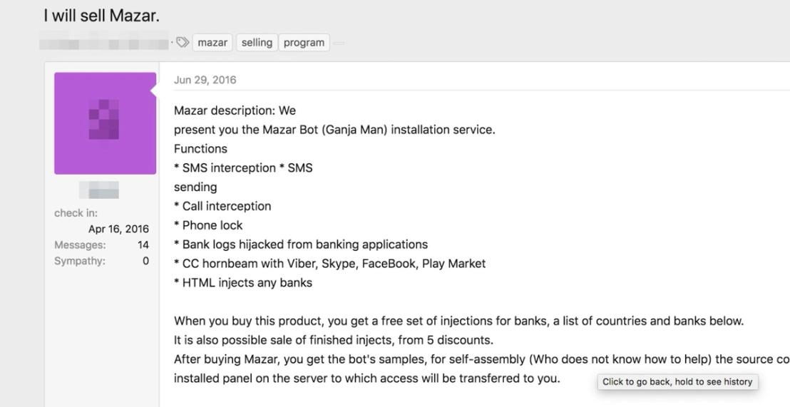 An advertisement in the underground selling the Mazar Bot, which is supposedly capable of HTML injections tailored to applications and websites of banks in Canada, France, Austria, Poland, Germany, Australia, New Zealand, Spain, Netherlands, Singapore, Turkey, and the U.S.