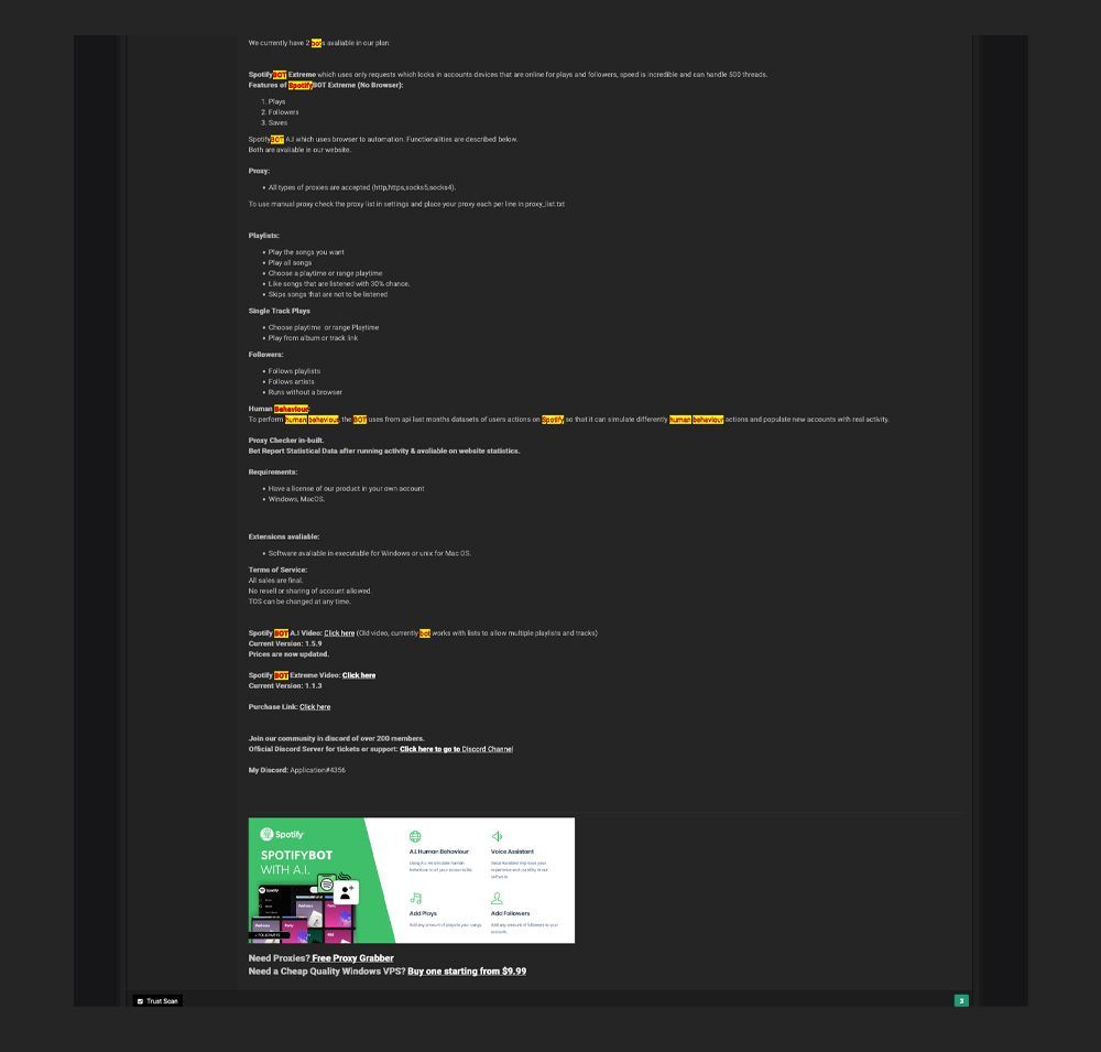 A detailed post featuring an advertisement for a Spotify bot on an underground forum