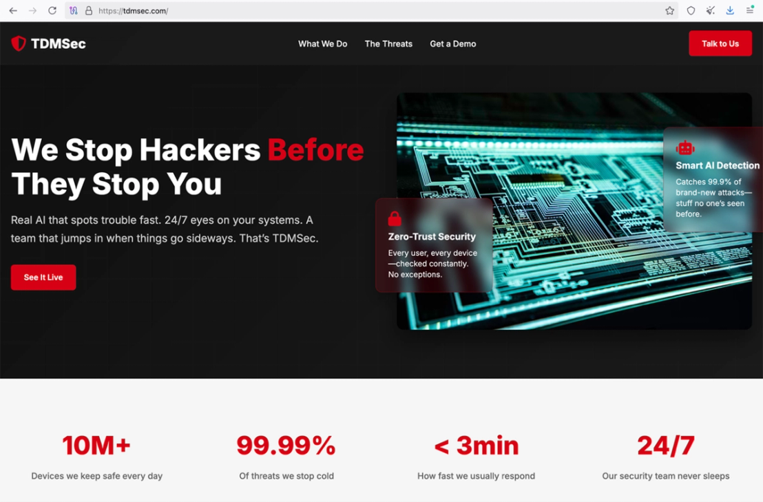 Figure 6. Decoy website of “TDMSec” company. The naming of the website somewhat resembles Trend’s brand name. The corporate brand colouring also mimics Trend’s website.