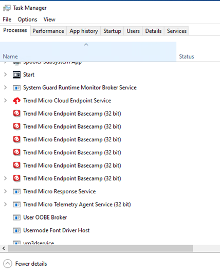  Figure 6. Task Manager showing other Trend Micro processes like Trend Micro Response Service and Trend Micro Cloud Endpoint Service, which are not included in the hardcoded list