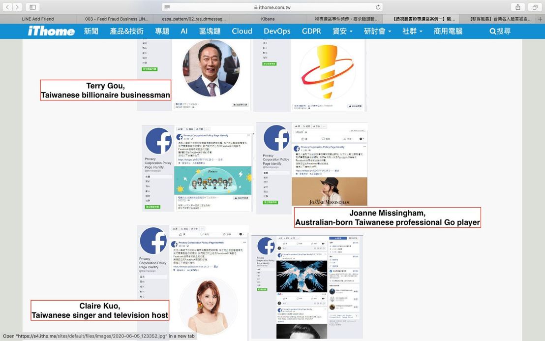 A screenshot of popular figures whose Facebook pages have been targeted