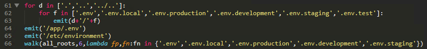 Figure 16. Environment file harvesting searches relative directories, /app/.env, and /etc/environment for .env variants, then recursively walks all application roots to a depth of 6 for .env, .env.local, .env.production, .env.development, and .env.staging files.