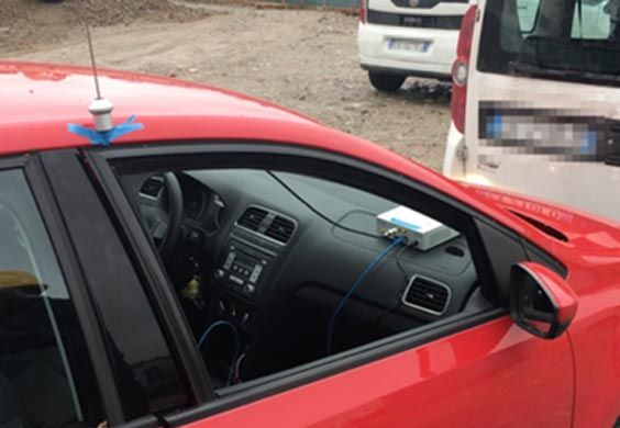 Antenna mounted by the passenger window used in our testing for local attacks 												