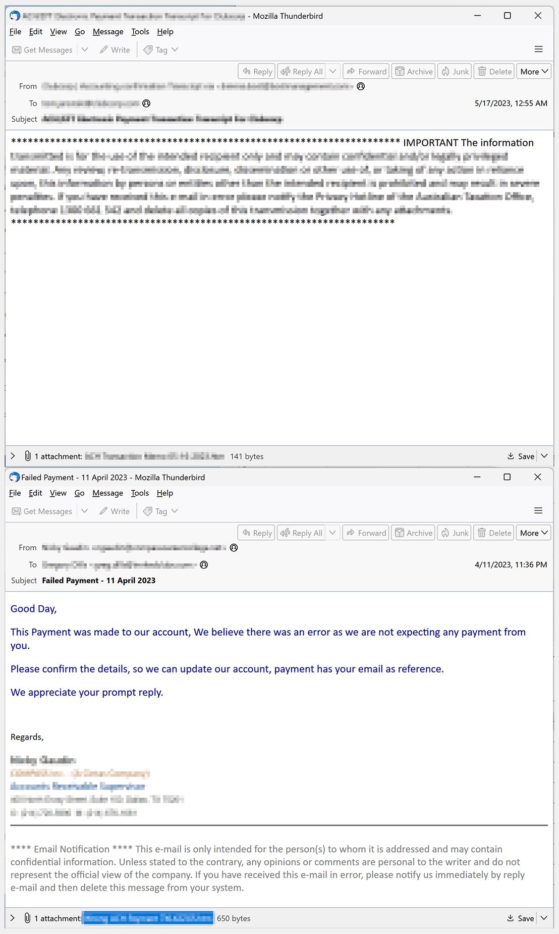 Examples of phishing emails using malicious URLs as attachments