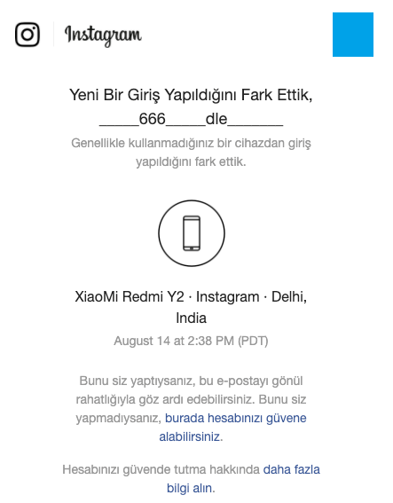 Figure 6. A notification (in Turkish) informing the original account owner of a login from a different device