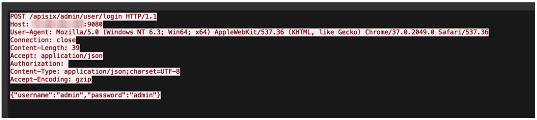 Figure 17. HTTP request targeting the APISIX administration dashboard using common username-password combinations.