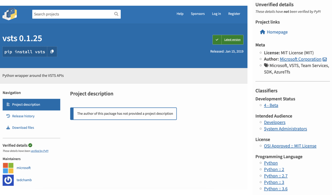 Verified vsts package with version 0.1.25 on PyPI