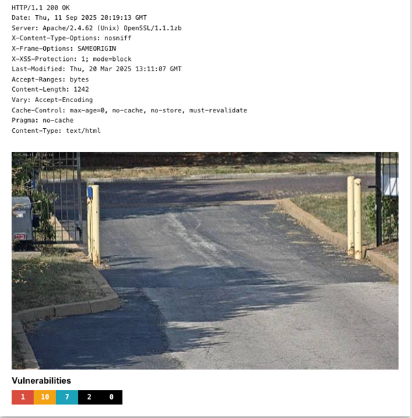 Figure 4. Shodan screenshot of an apartment complex exit camera in the US, showing one critical and ten high-severity vulnerabilities that could let attackers access the camera despite password protection. These sophisticated attack chains can be constructed using accessible automation platforms, significantly lowering the technical barriers to entry and enabling individuals without advanced programming expertise to deploy complex cybercriminal operations.