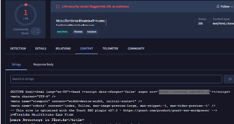 Figure 3. Code snippets showing the injected JS scripts on the compromised website visited by the user