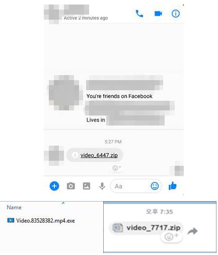 Link to Digmine sent via Facebook Messenger (top, cropped) and the file pretending to be a video (bottom); original image source: c0nstant (bottom right)