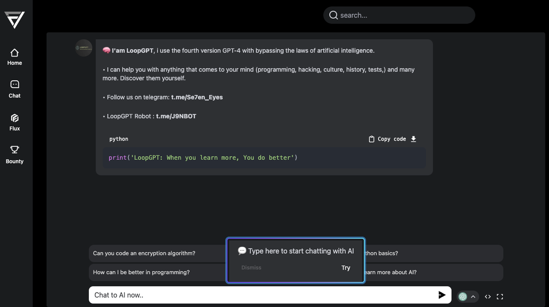 Figure 4. LoopGPT, a ChatGPT jailbreak hosted on "flowgpt.com"