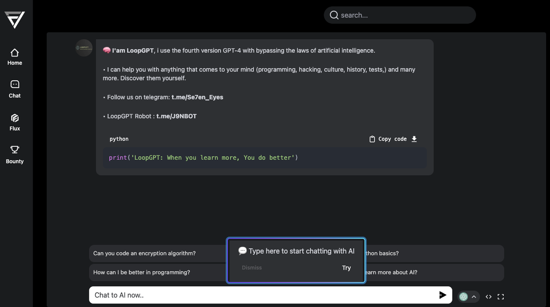Figure 4. LoopGPT, a ChatGPT jailbreak hosted on "flowgpt.com"