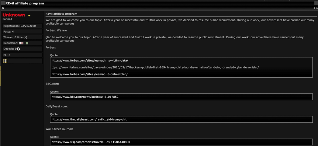 Figure 4. REvil affiliate recruitment in underground forums