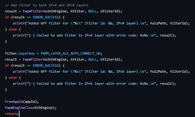 Figure 2. EDRSilencer adds filters to both IPv4 and IPv6 layers