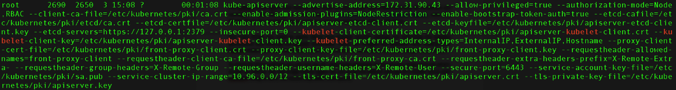 Command output of the ps -ef | grep kube-apiserver showing the kubelet security settings