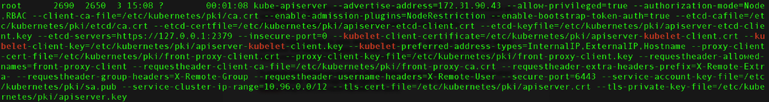 Command output of the ps -ef | grep kube-apiserver showing the kubelet security settings