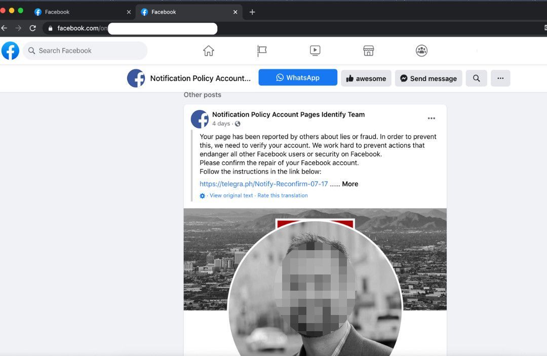 A notification to a user on a fake Facebook page