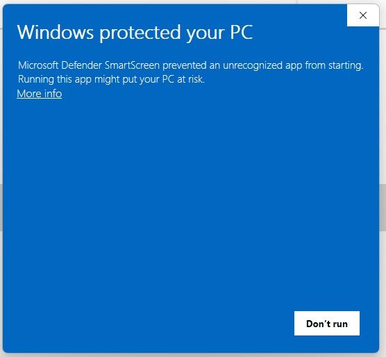 A Microsoft Defender SmartScreen Window as it should appear after applying MotW