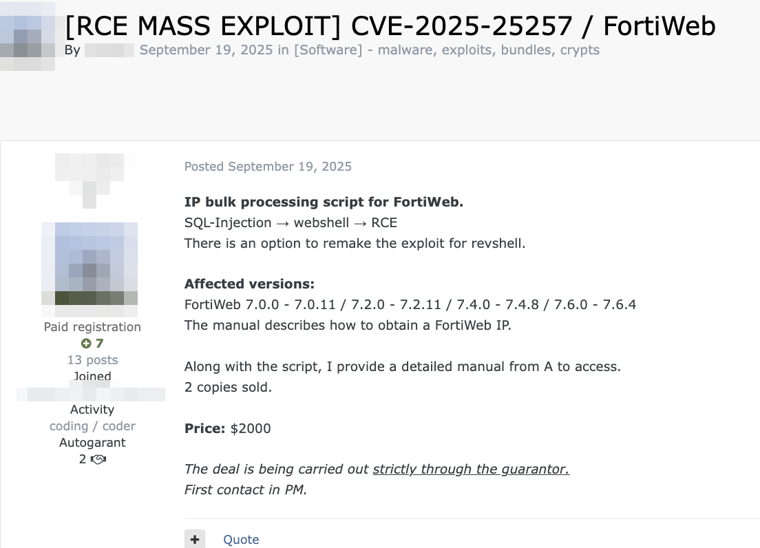 Figure 5. Forum post selling an exploit for CVE-2025-25257 for US$2,000