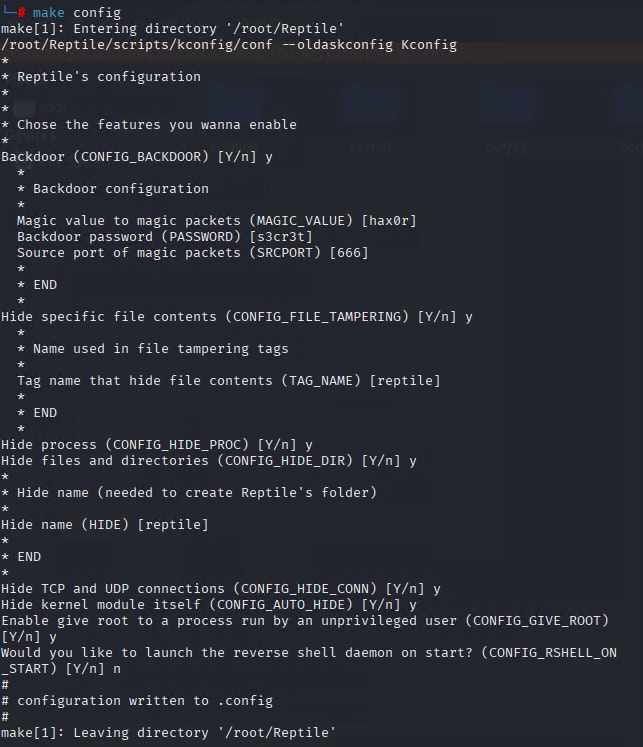 Figure 1. Configuration setup for the Reptile rootkit