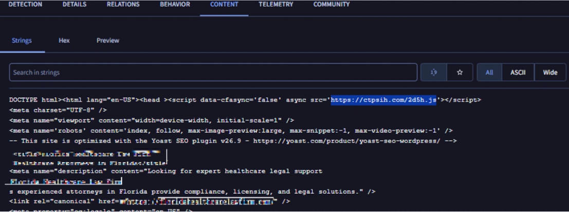 Figure 3. Code snippets showing the injected JS scripts on the compromised website visited by the user
