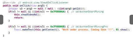 Code showing how video ads are shown when users click on the “Start Mining” button