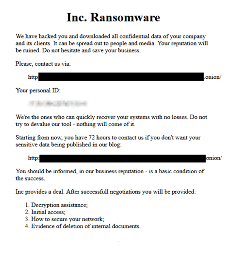 A sample ransom note dropped by INC ransomware after successful data encryption