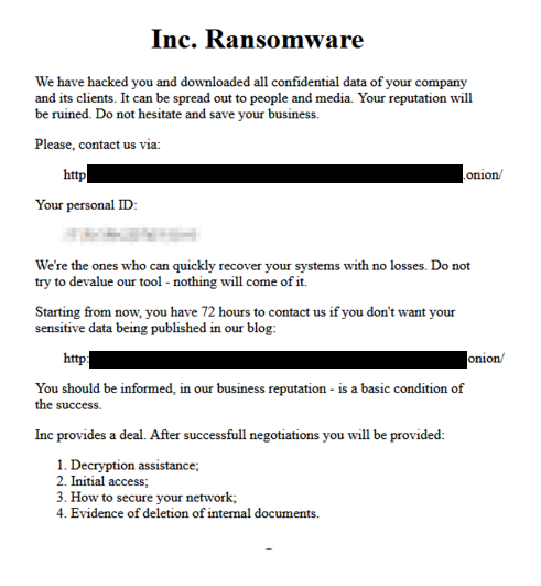 A sample ransom note dropped by INC ransomware after successful data encryption