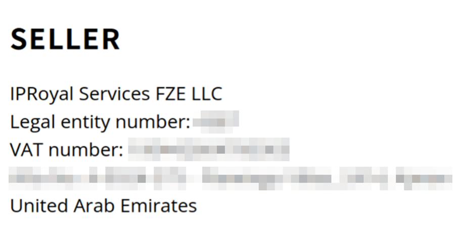An invoice that shows that IPRoyal is registered in the UAE