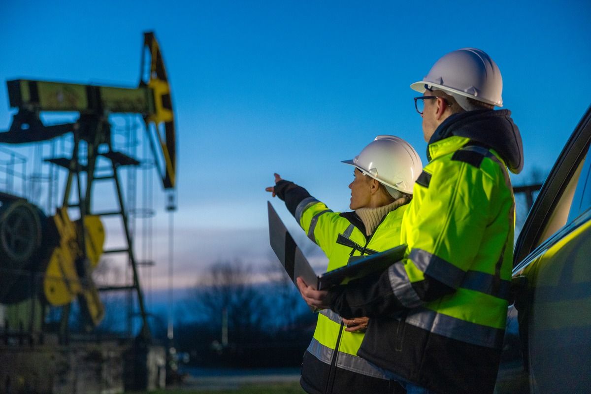 workers pointing to pumpjack