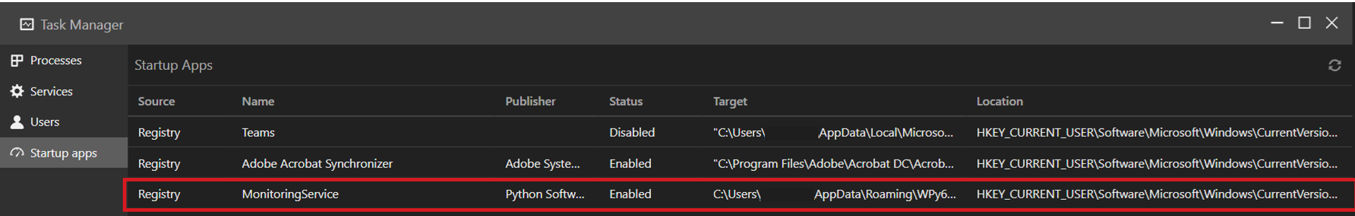 Figure 12. Snapshot of Task Manager showing the added startup via Remote Access in  TrendAI Vision One™