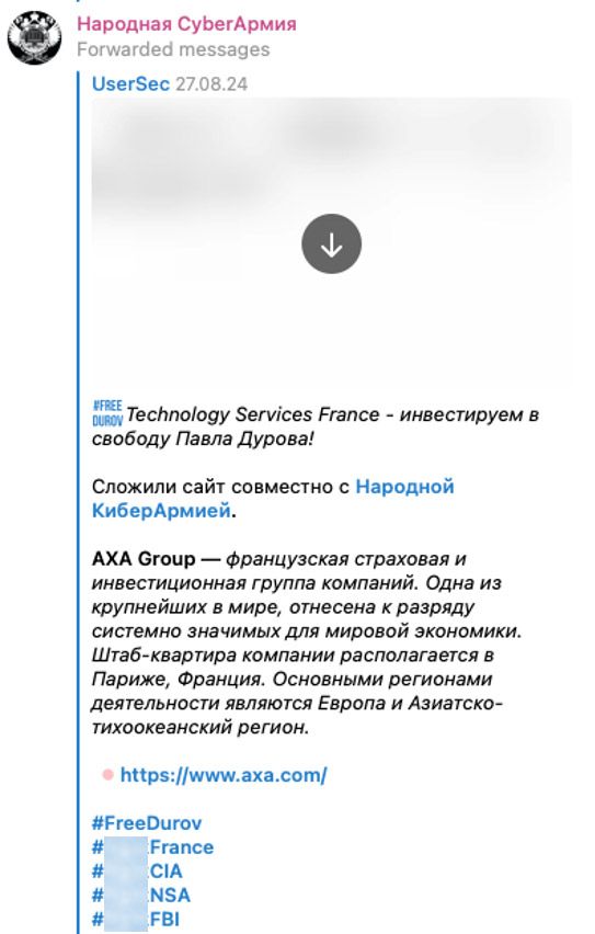 People's CyberArmy claiming responsibility for an attack against a French company as part of the #FreeDurov campaign