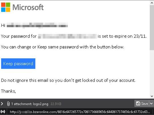 Another fake account password notification email serves as a phishing email. Clicking on "Keep password" will redirect to another page.